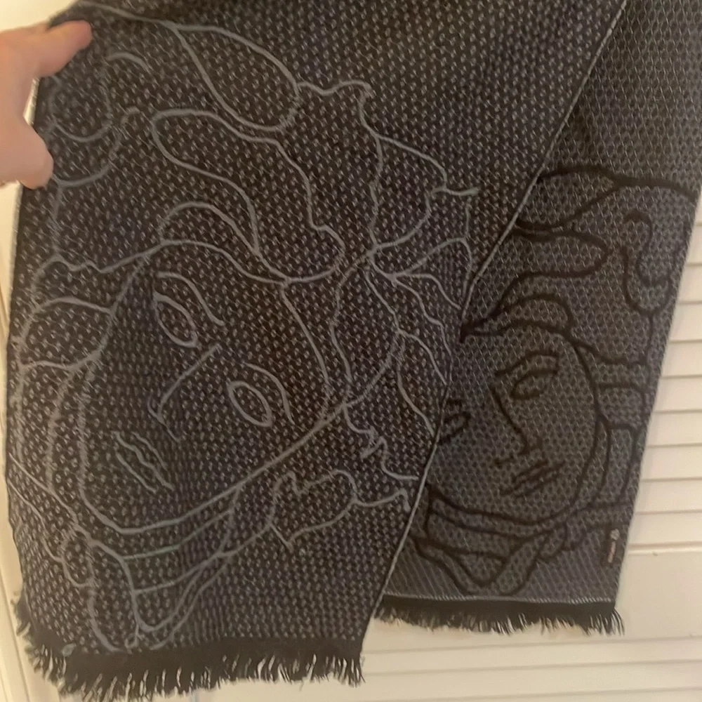 Versace Black and Charcoal Gray Geographic Medusa Fringed Scarf